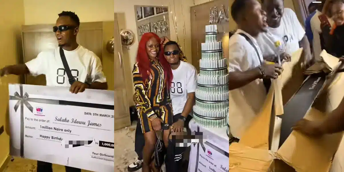 Beautiful scene as girlfriend gifts boyfriend 1m cheque, plasma TV, money bouquet on birthday