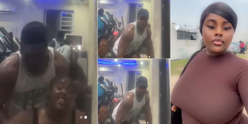 Pretty lady grabs attention of hot gym instructor as she falls down during workout (Video)