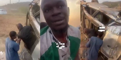 Driver cries out as car somersaults after police officer grabs steering, seizes his phone and ₦100k (VIDEO)